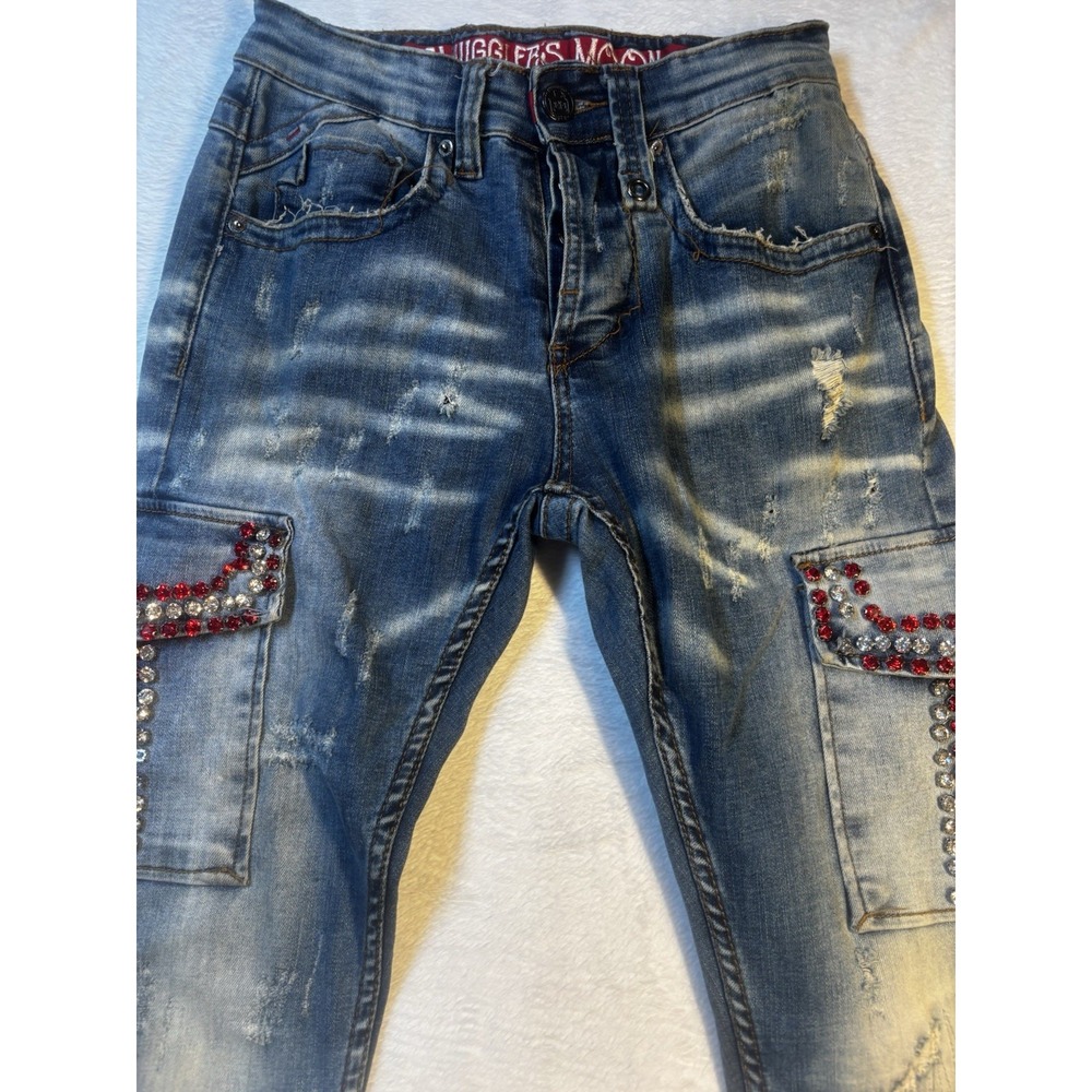 Smugglers Moon‎ Men Jeans 28/31 Button Fly Distressed Studded Moto Hip Hop Y2K